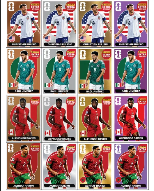 Variantes Extra Sticker: Pulisic · Jiménez · Davies · Hakimi