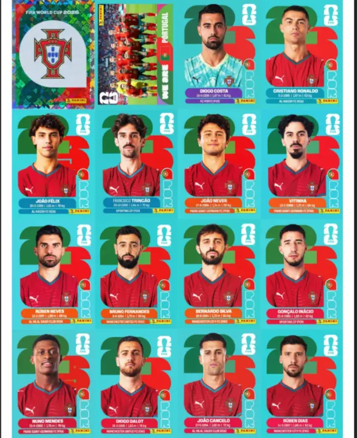 Cartela com figurinhas da Seleção Portugal
